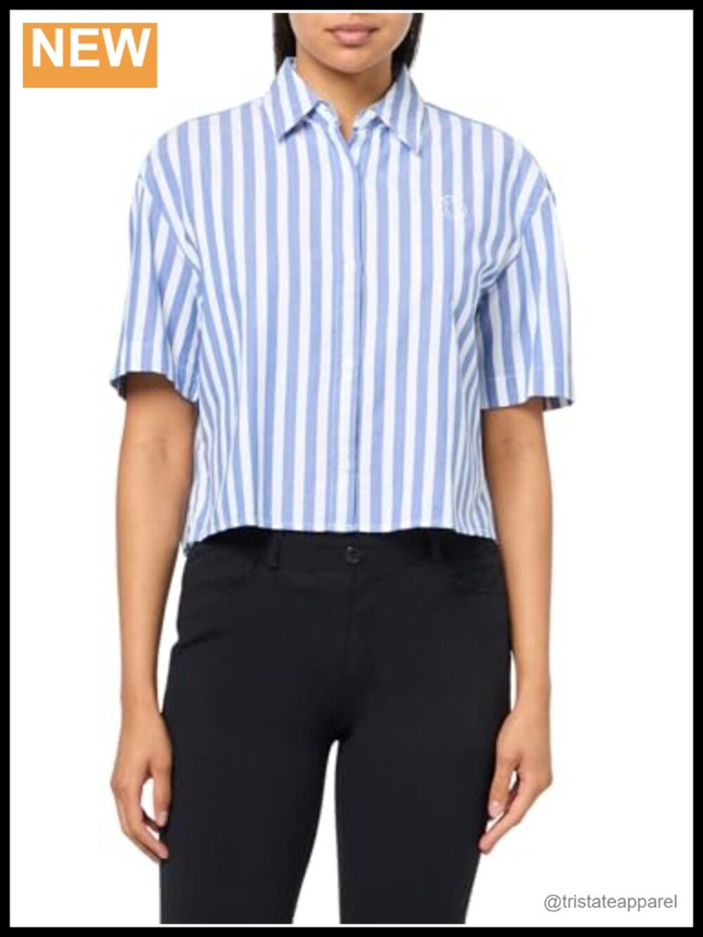 Cropped Button Down Short Sleeve Shirt - Blue Stripe - Regular Fit - 100% Cotton
